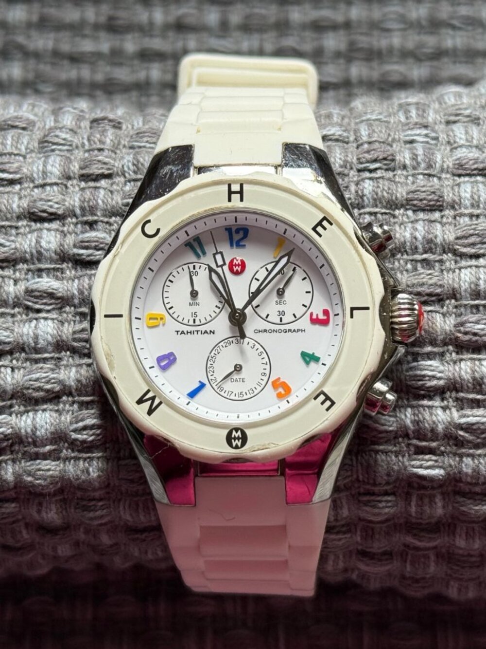 Michele Tahitian Jelly Bean Carousel Chronograph White Watch - Needs Battery